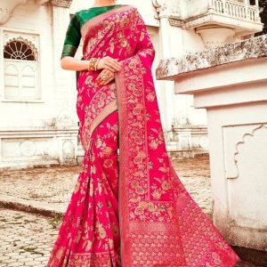 Woven, Self Design Banarasi Silk Blend, Pure Silk Saree  (Gold, Pink)
