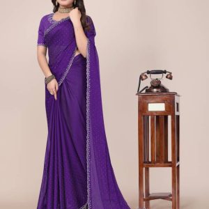 Embellished Bollywood Chiffon Saree  (Dark Blue)