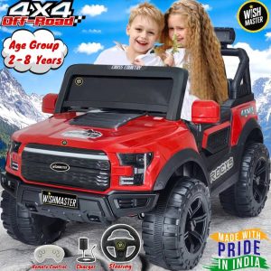 Wishmaster 4x4 Pobo Driving Car With Remote , Mobile App + Manual Drive Car | 2-8 Year Jeep Battery Operated Ride On (Red)